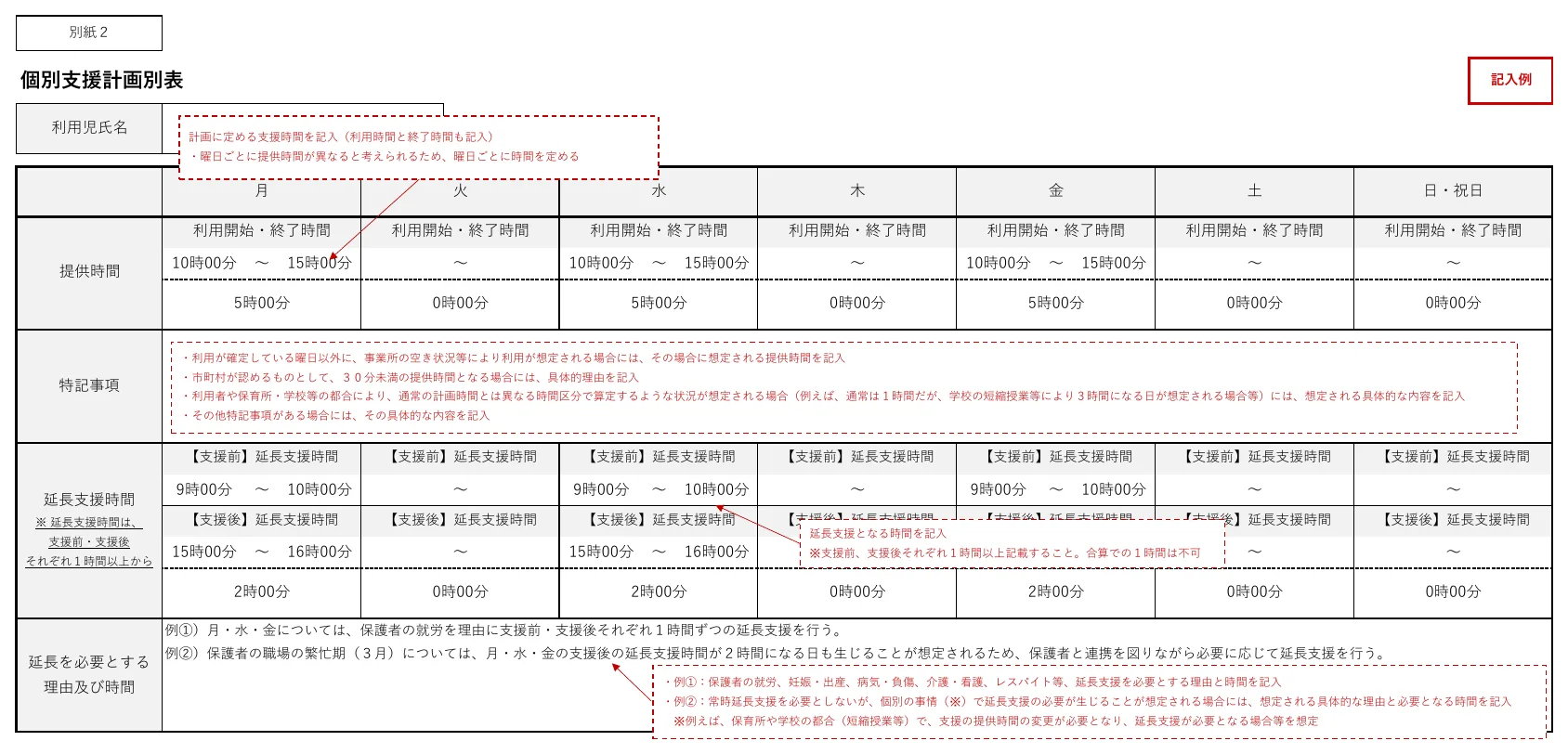 個別支援計画別表の記入例。曜日ごとの提供時間、特記事項、支援前後の延長支援時間、延長を必要とする理由及び時間の欄がある