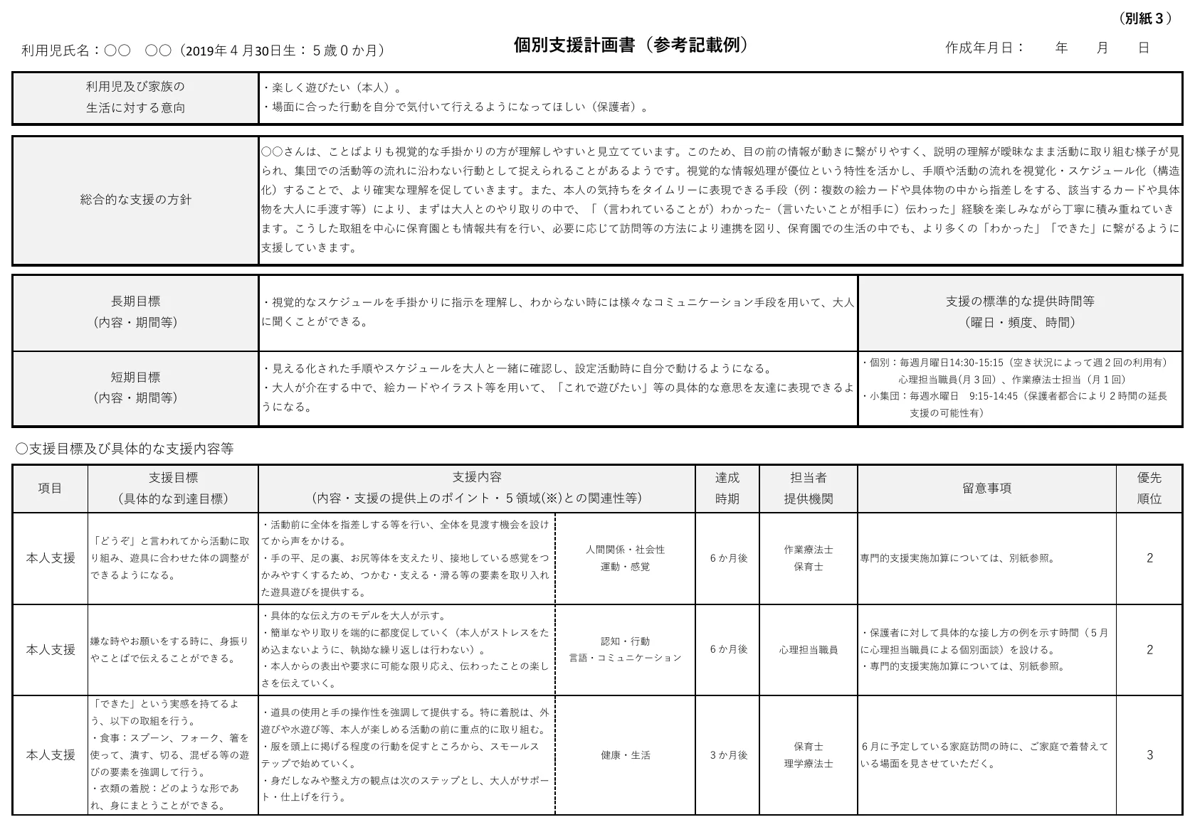 こども家庭庁が公表している個別支援計画書（参考記載例）の1ページ目。意向、総合的な支援の方針、長期目標・短期目標、支援の標準的な提供時間等の欄と、支援目標及び具体的な支援内容等の表が並んでいる